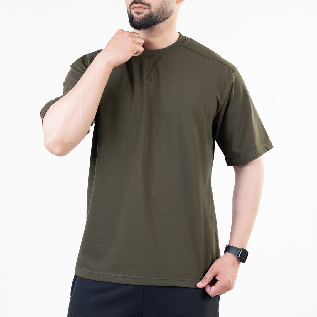 Olive Oversize T-Shirt with V-Notch in Contrast Detailing