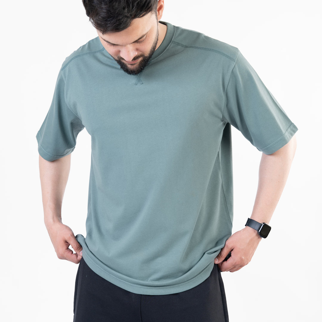 Turquoise Oversize T-Shirt with V-Notch in Contrast Detailing