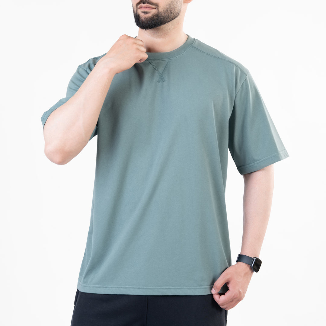 Turquoise Oversize T-Shirt with V-Notch in Contrast Detailing