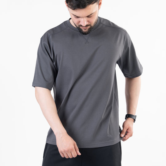 Gray Oversize T-Shirt with V-Notch in Contrast Detailing