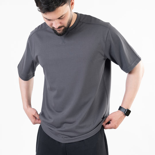 Gray Oversize T-Shirt with V-Notch in Contrast Detailing