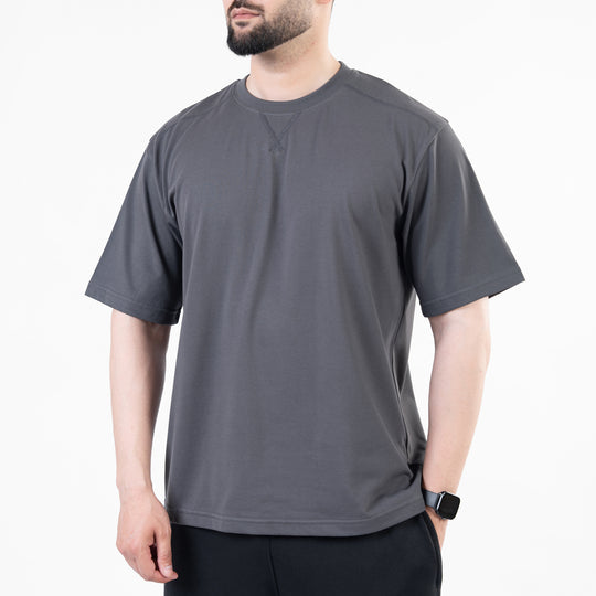 Gray Oversize T-Shirt with V-Notch in Contrast Detailing
