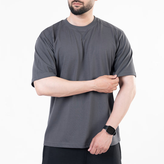 Gray Oversize T-Shirt with V-Notch in Contrast Detailing