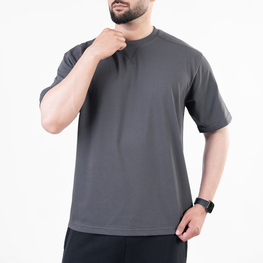 Gray Oversize T-Shirt with V-Notch in Contrast Detailing