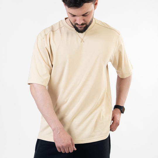 Beige Oversize T-Shirt with V-Notch in Contrast Detailing