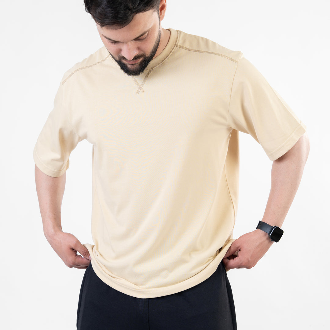 Beige Oversize T-Shirt with V-Notch in Contrast Detailing
