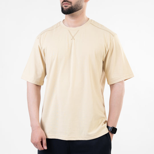 Beige Oversize T-Shirt with V-Notch in Contrast Detailing