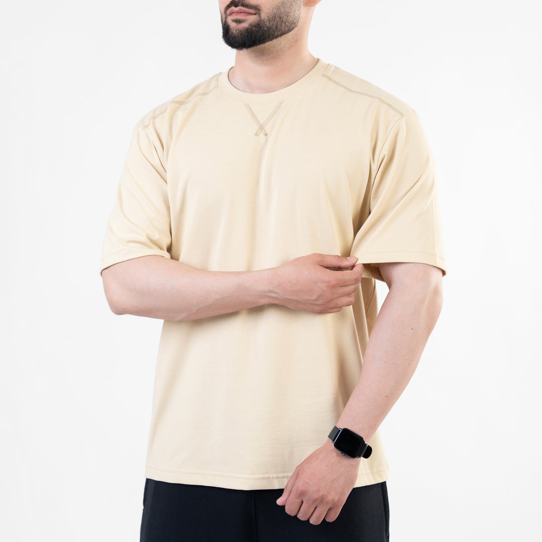 Beige Oversize T-Shirt with V-Notch in Contrast Detailing