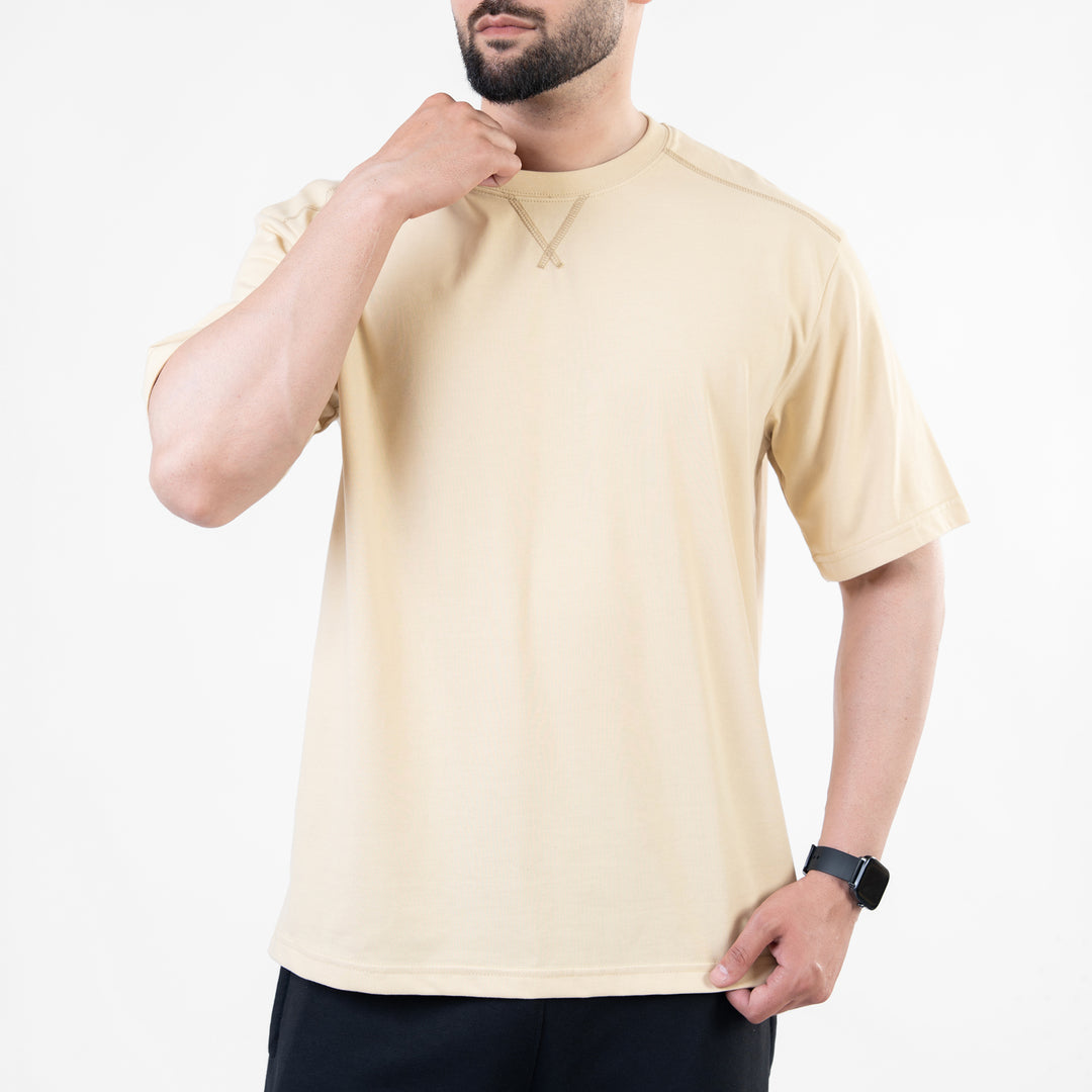Beige Oversize T-Shirt with V-Notch in Contrast Detailing