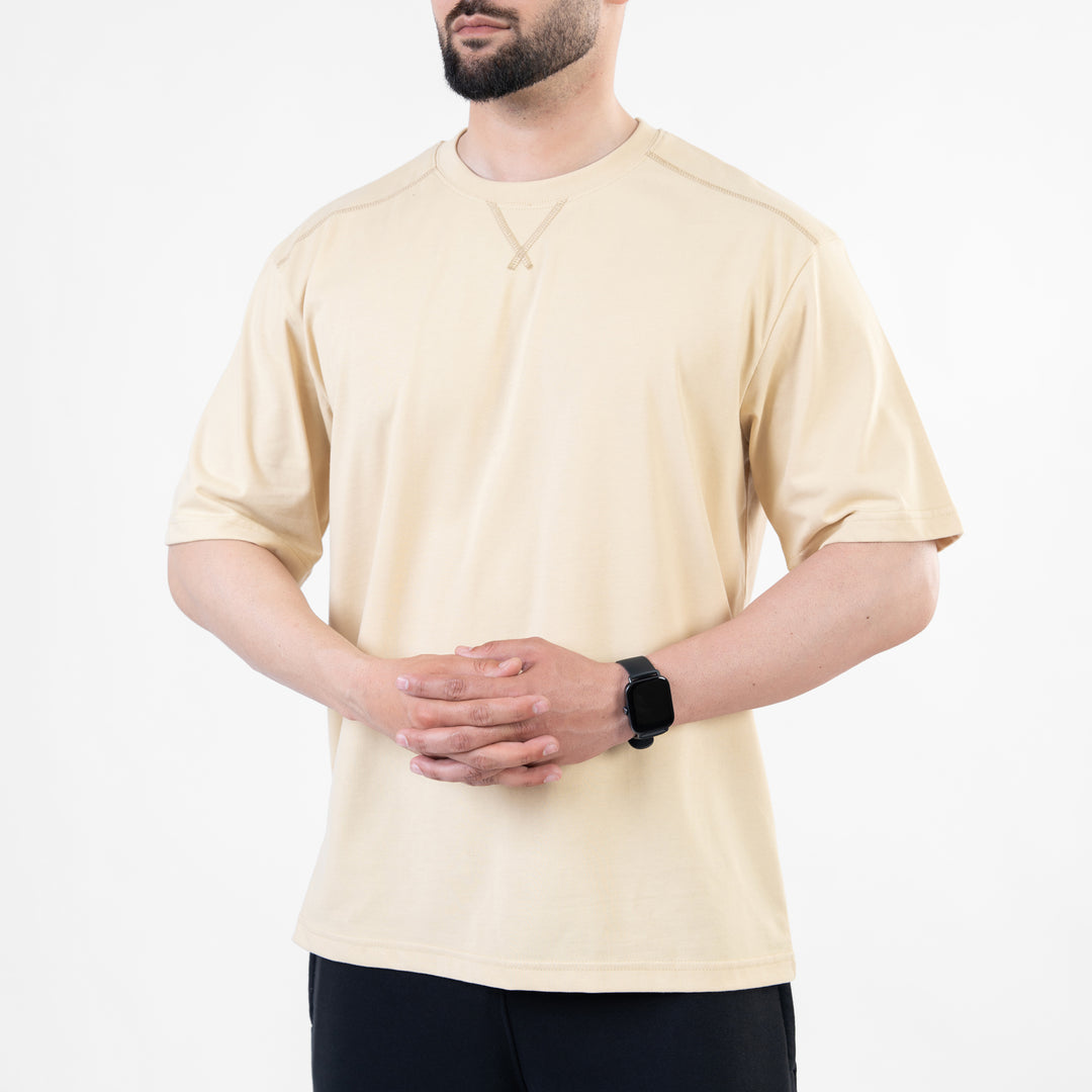 Beige Oversize T-Shirt with V-Notch in Contrast Detailing