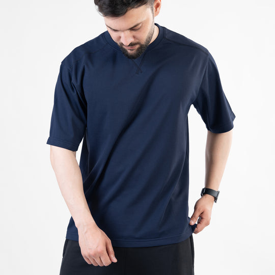 Navy Oversize T-Shirt with V-Notch in Contrast Detailing