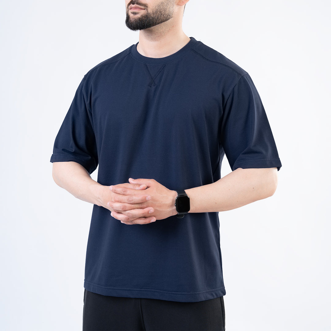 Navy Oversize T-Shirt with V-Notch in Contrast Detailing
