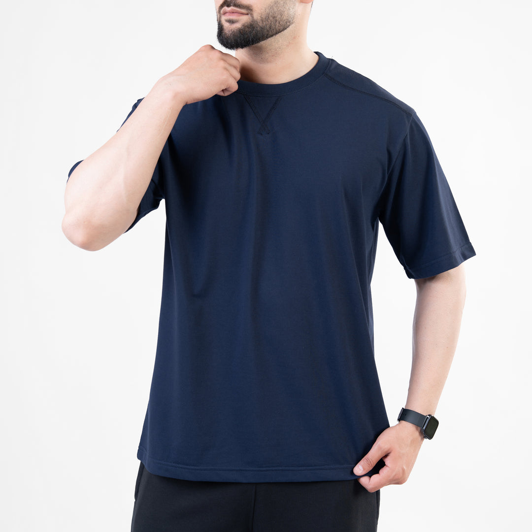 Navy Oversize T-Shirt with V-Notch in Contrast Detailing