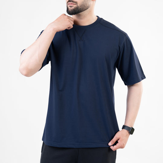 Navy Oversize T-Shirt with V-Notch in Contrast Detailing