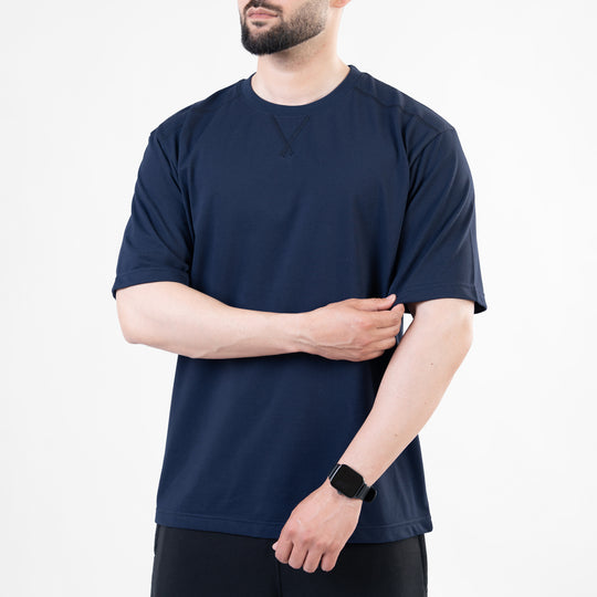 Navy Oversize T-Shirt with V-Notch in Contrast Detailing