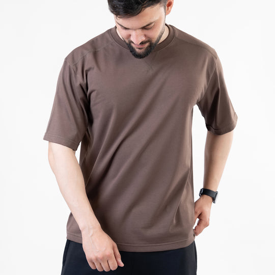 Brown Oversize T-Shirt with V-Notch in Contrast Detailing