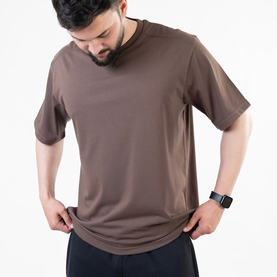 Brown Oversize T-Shirt with V-Notch in Contrast Detailing