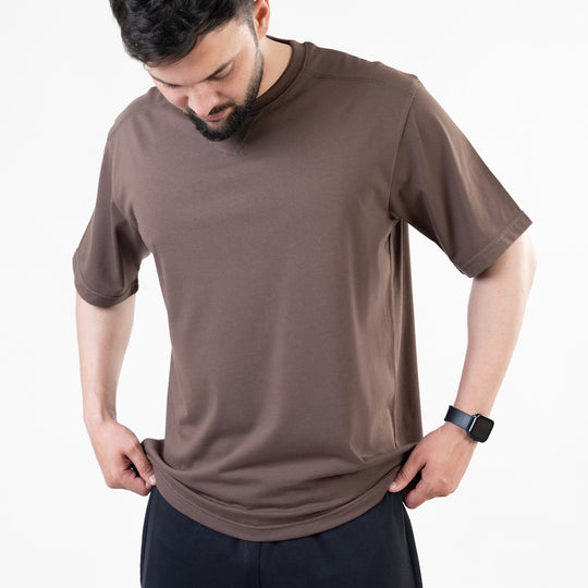 Brown Oversize T-Shirt with V-Notch in Contrast Detailing