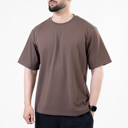 Brown Oversize T-Shirt with V-Notch in Contrast Detailing
