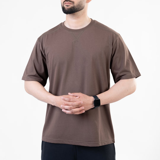 Brown Oversize T-Shirt with V-Notch in Contrast Detailing
