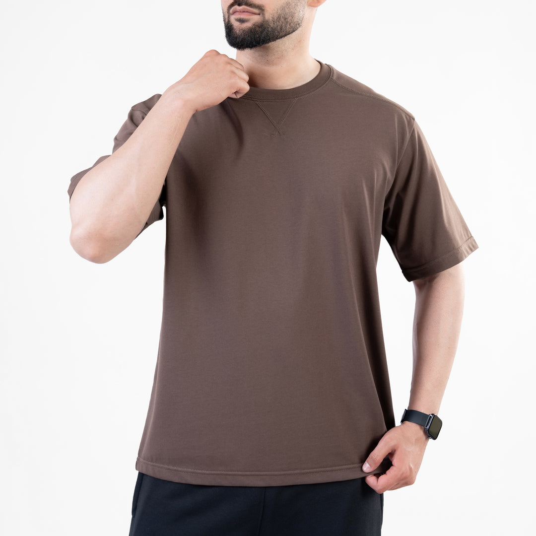 Brown Oversize T-Shirt with V-Notch in Contrast Detailing