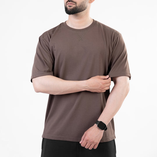 Brown Oversize T-Shirt with V-Notch in Contrast Detailing