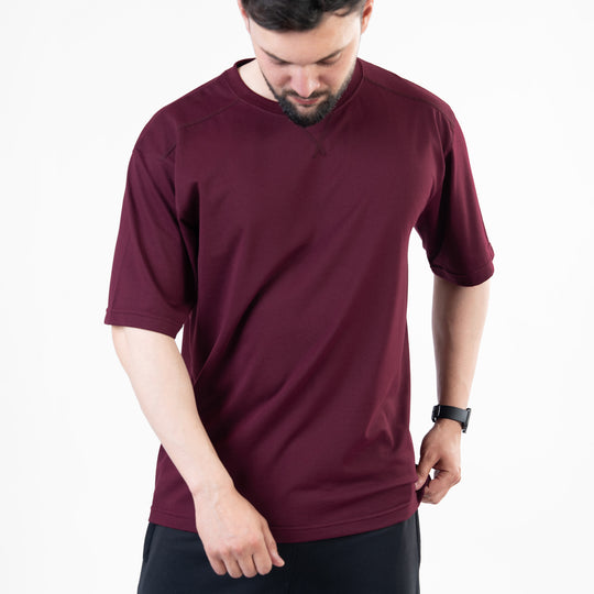 Wine Maroon Oversize T-Shirt with V-Notch in Contrast Detailing
