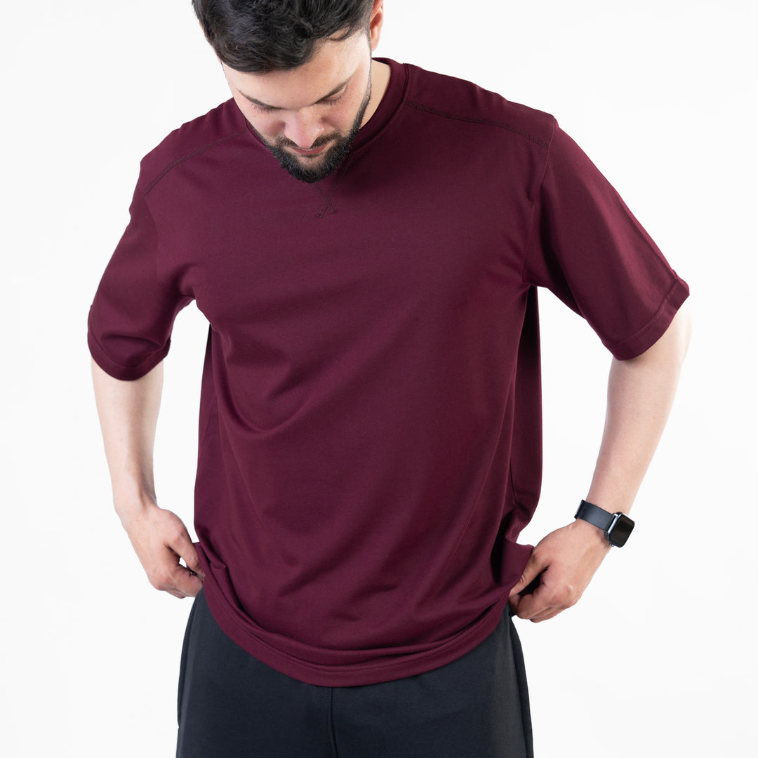 Wine Maroon Oversize T-Shirt with V-Notch in Contrast Detailing