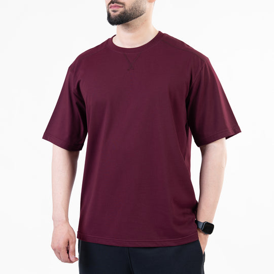 Wine Maroon Oversize T-Shirt with V-Notch in Contrast Detailing