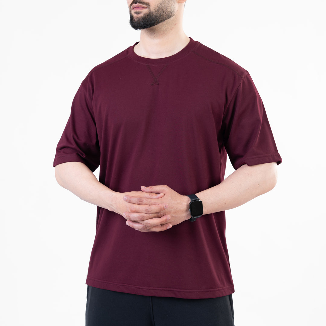 Wine Maroon Oversize T-Shirt with V-Notch in Contrast Detailing