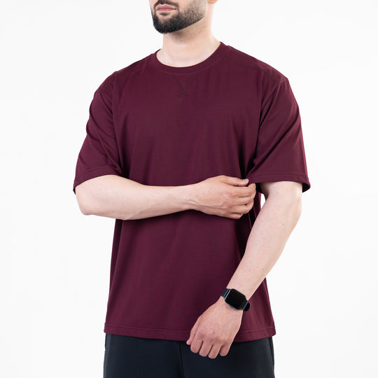 Wine Maroon Oversize T-Shirt with V-Notch in Contrast Detailing