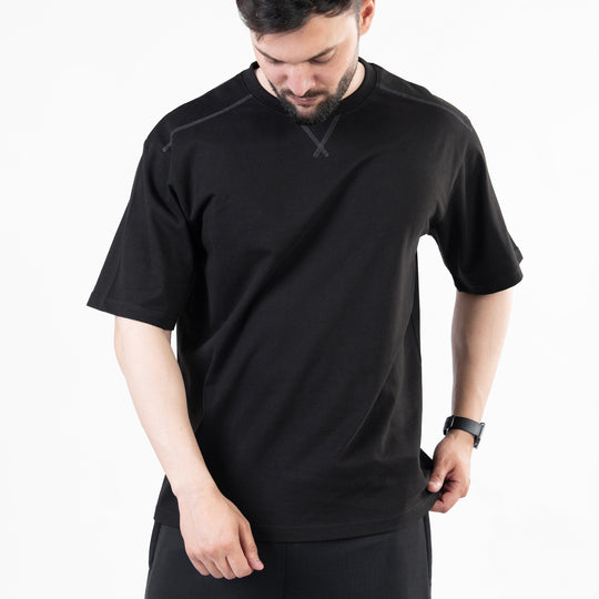 Black Oversize T-Shirt with V-Notch in Contrast Detailing