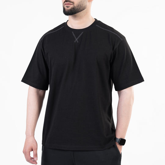 Black Oversize T-Shirt with V-Notch in Contrast Detailing