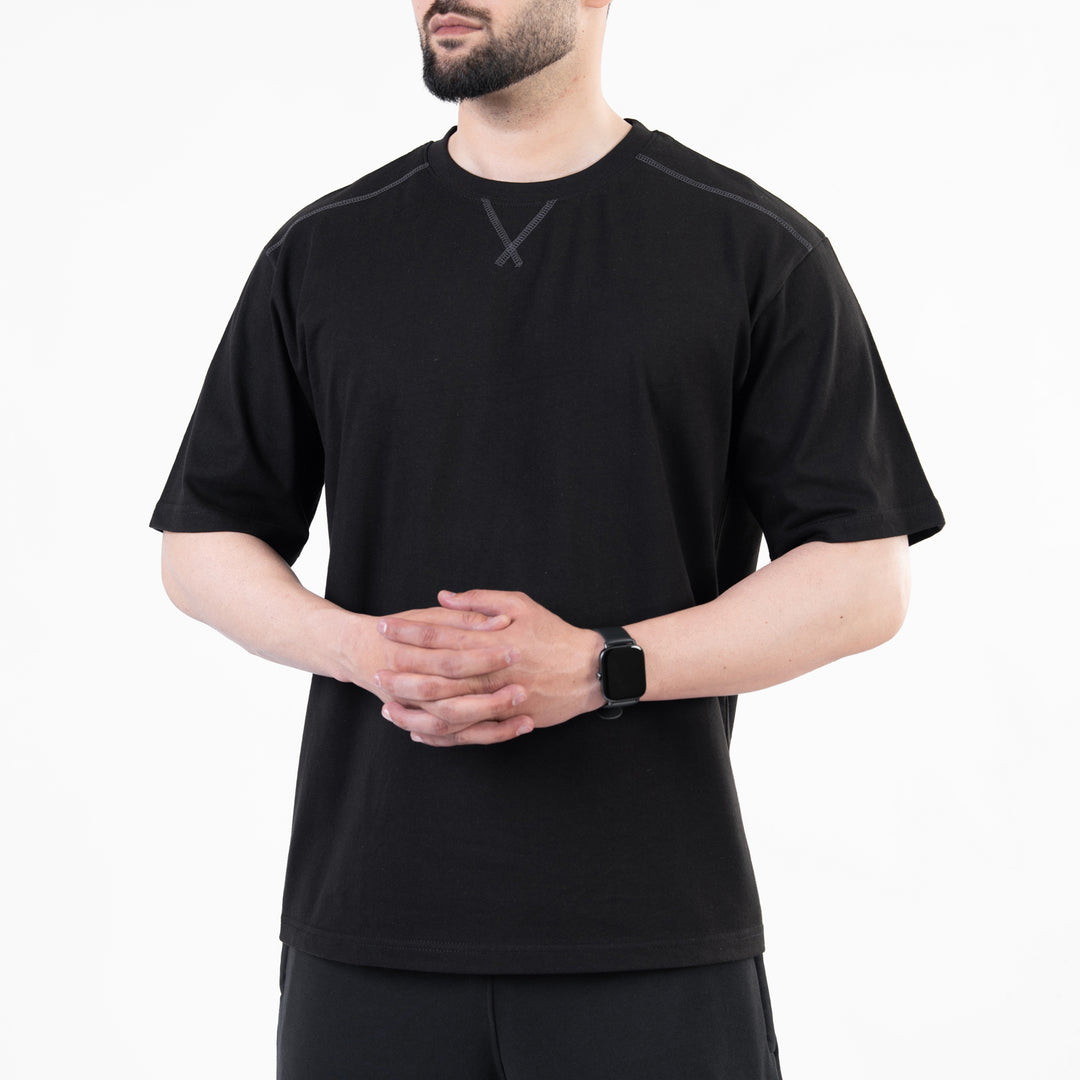 Black Oversize T-Shirt with V-Notch in Contrast Detailing