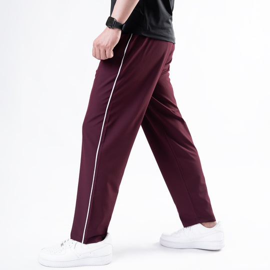 Wine Maroon Micro Relaxed Fit Trousers with White Piping