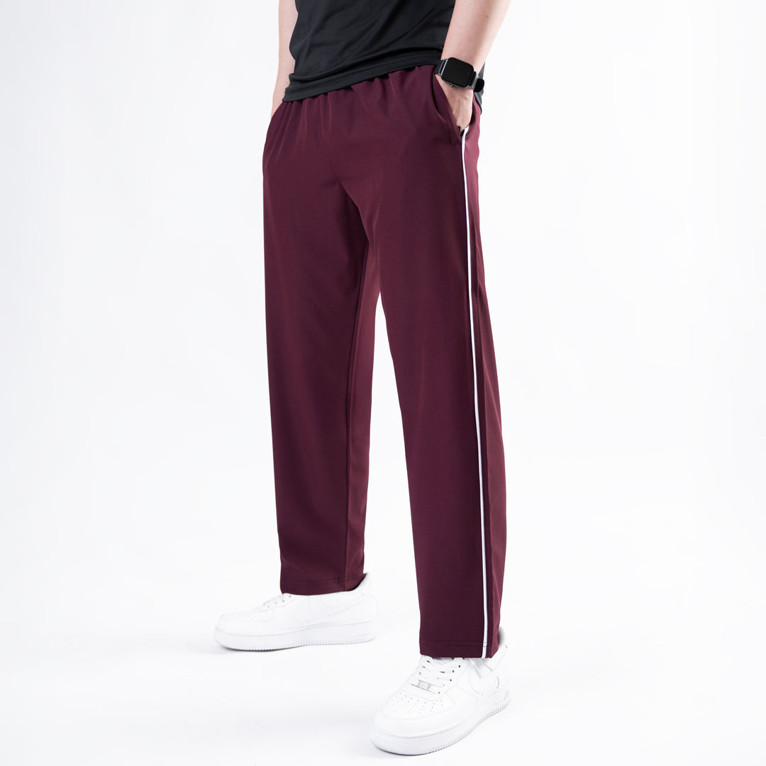 Wine Maroon Micro Relaxed Fit Trousers with White Piping