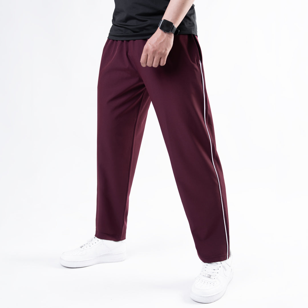 Wine Maroon Micro Relaxed Fit Trousers with White Piping