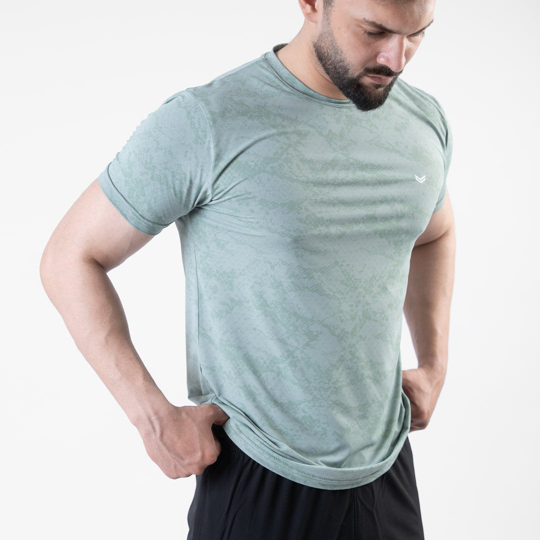 Sage Green Perforated 4-Way Stretch Texture Camo T-Shirt