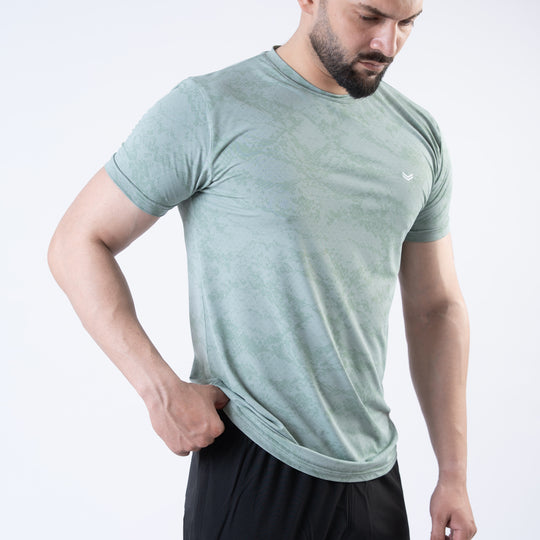 Sage Green Perforated 4-Way Stretch Texture Camo T-Shirt