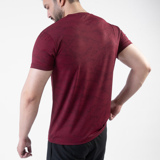 Maroon Perforated 4-Way Stretch Texture Camo T-Shirt