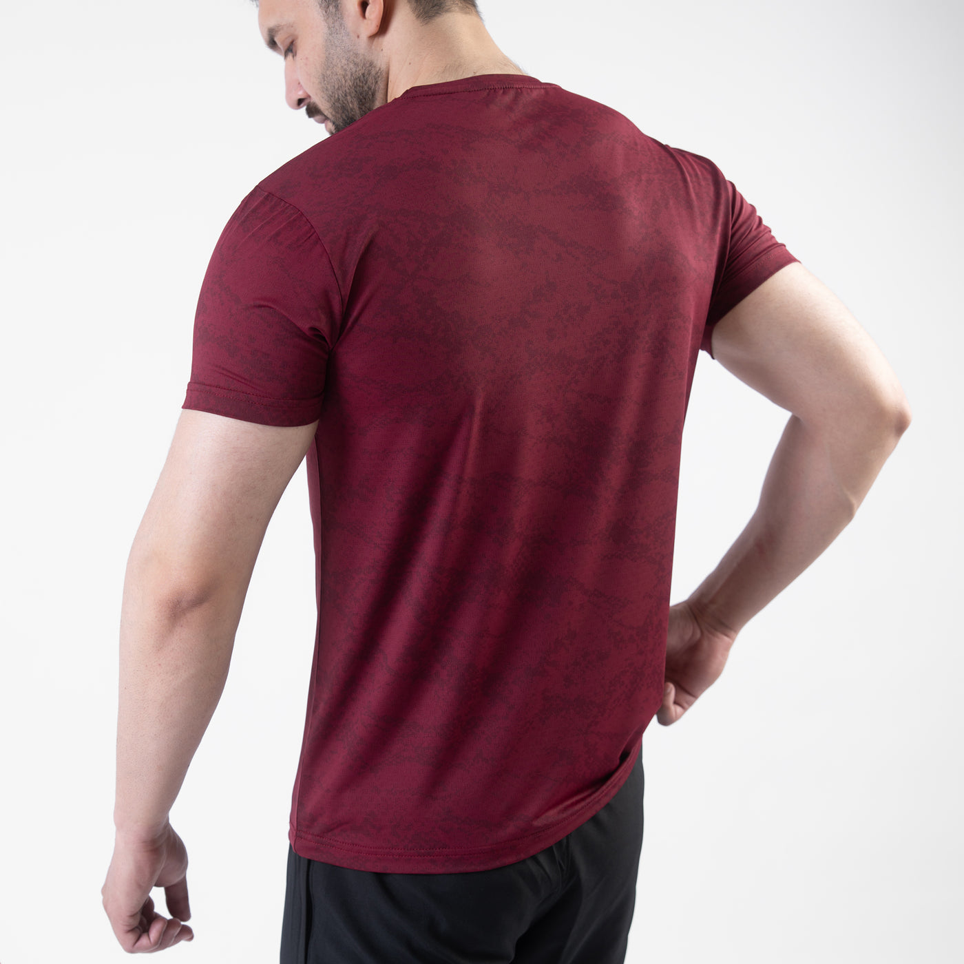 Maroon Perforated 4-Way Stretch Texture Camo T-Shirt