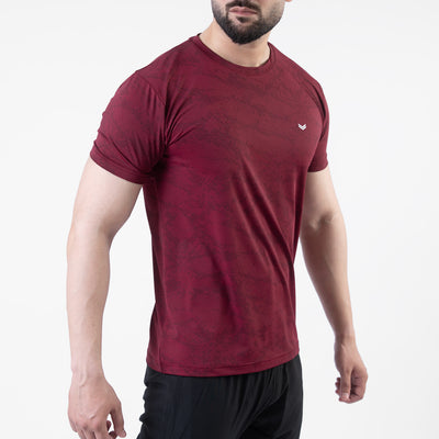 Maroon Perforated 4-Way Stretch Texture Camo T-Shirt