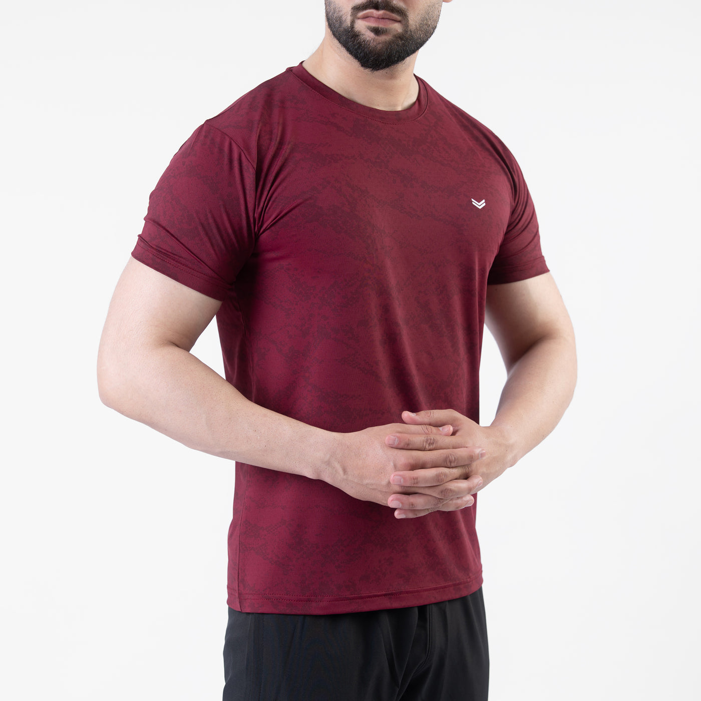 Maroon Perforated 4-Way Stretch Texture Camo T-Shirt