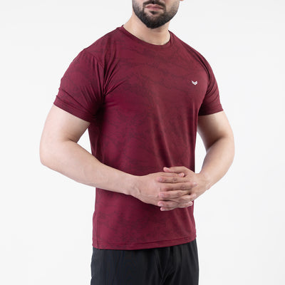Maroon Perforated 4-Way Stretch Texture Camo T-Shirt