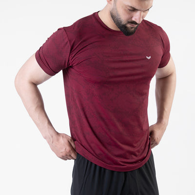 Maroon Perforated 4-Way Stretch Texture Camo T-Shirt