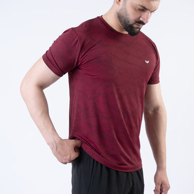 Maroon Perforated 4-Way Stretch Texture Camo T-Shirt