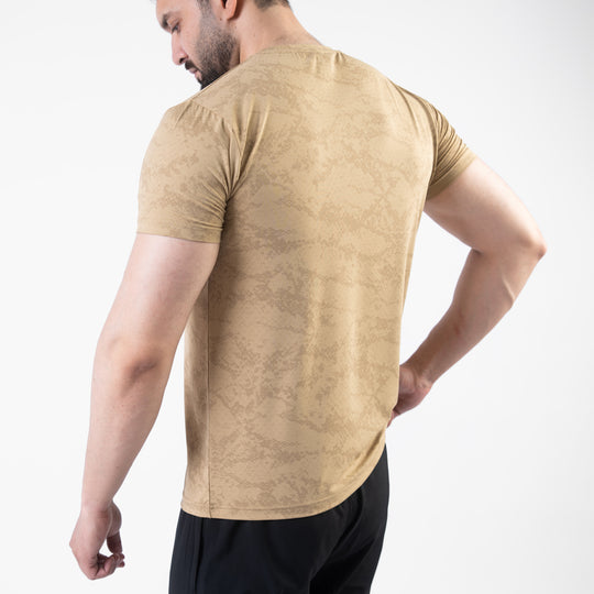 Beige Perforated 4-Way Stretch Texture Camo T-Shirt