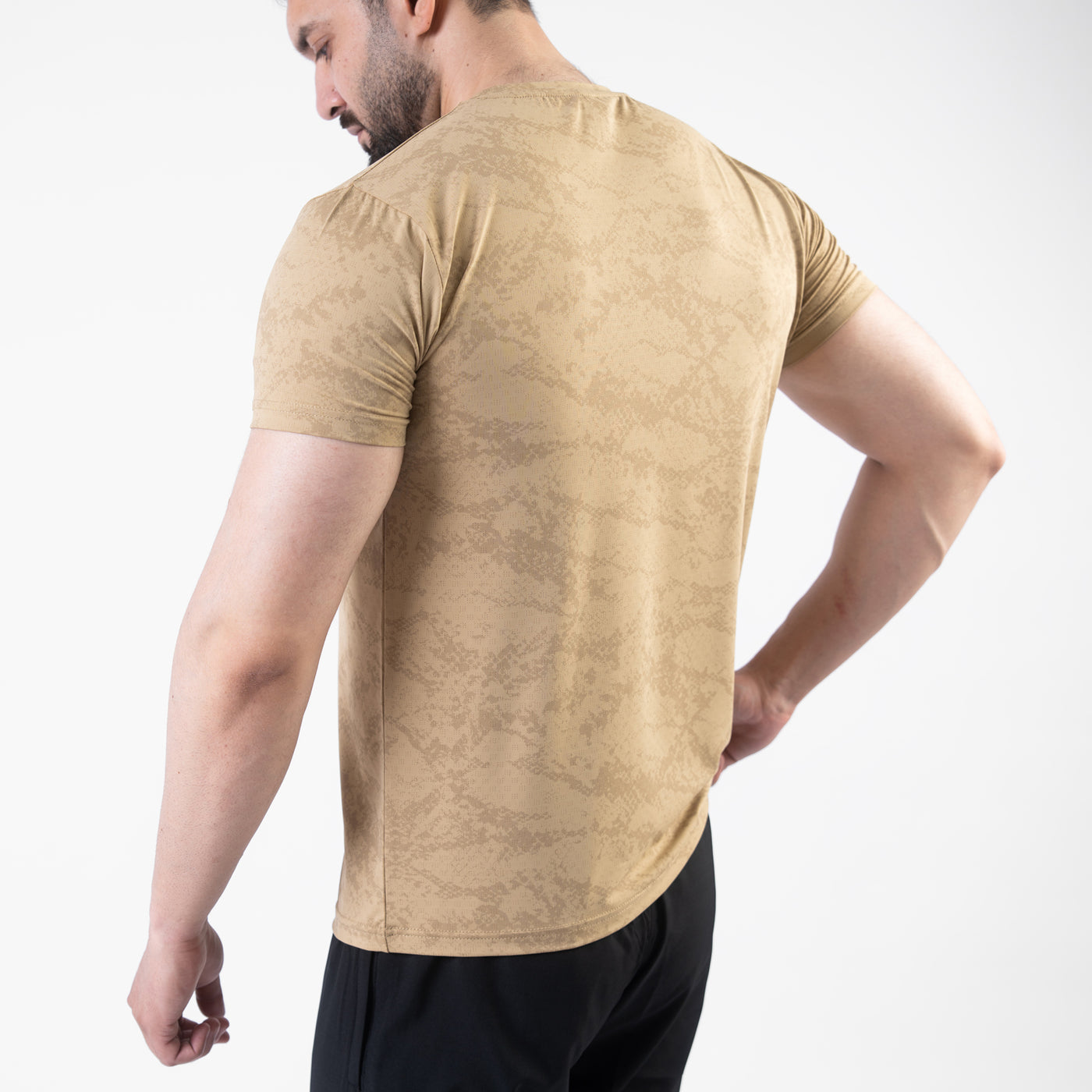 Beige Perforated 4-Way Stretch Texture Camo T-Shirt