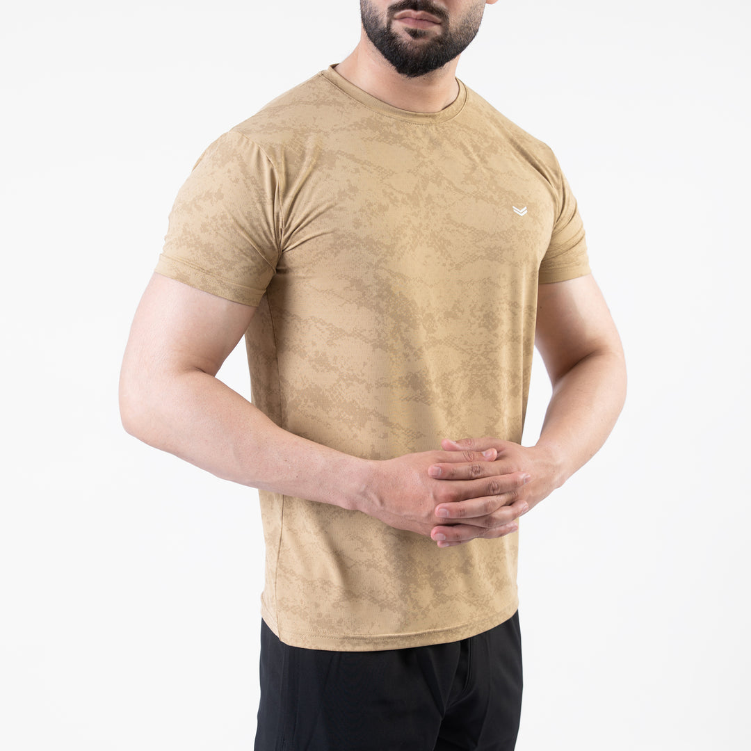 Beige Perforated 4-Way Stretch Texture Camo T-Shirt