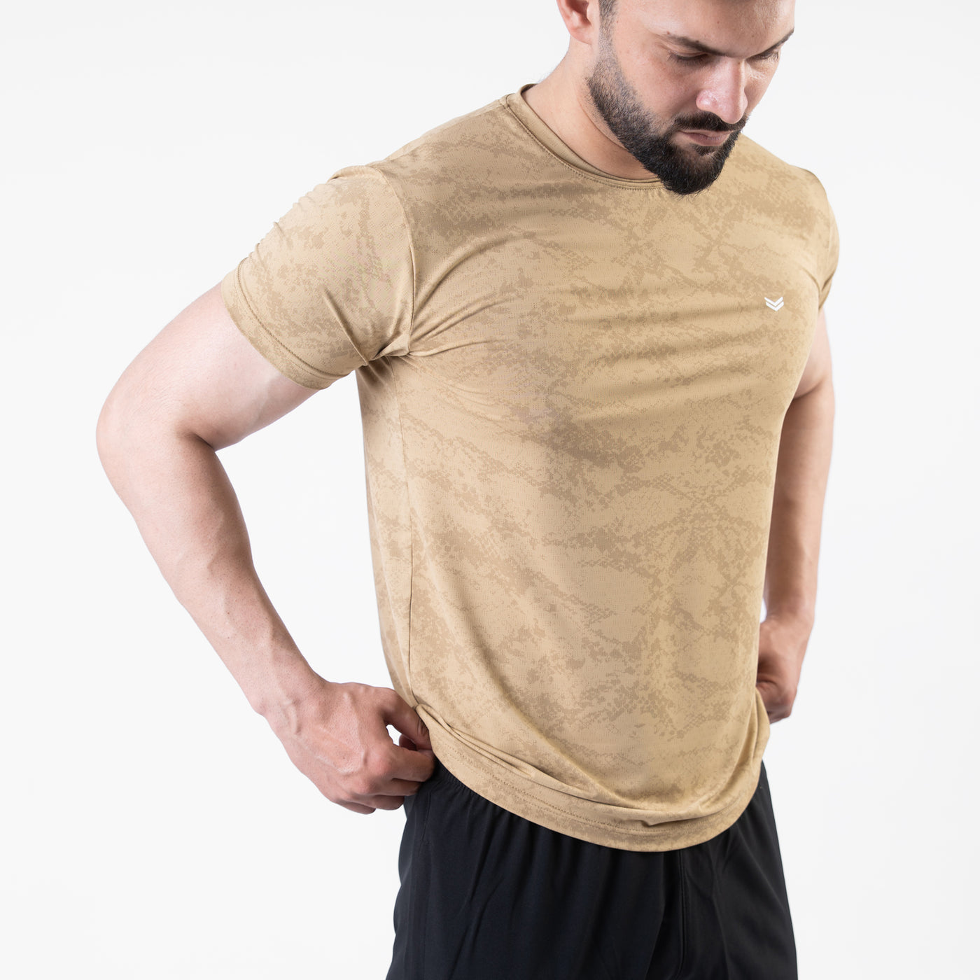Beige Perforated 4-Way Stretch Texture Camo T-Shirt